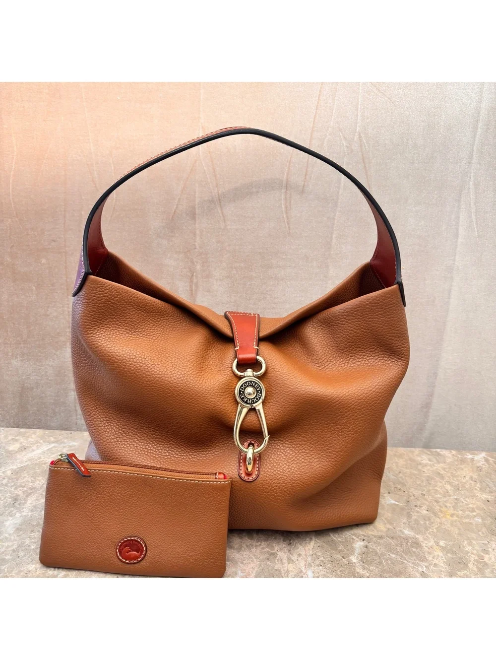 Dooney & Bourke Pebbled Leather Hobo Shoulder Bag with Matching Wristlet - Cognc